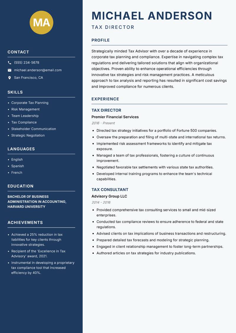 Tax Advisor Resume Preview Example