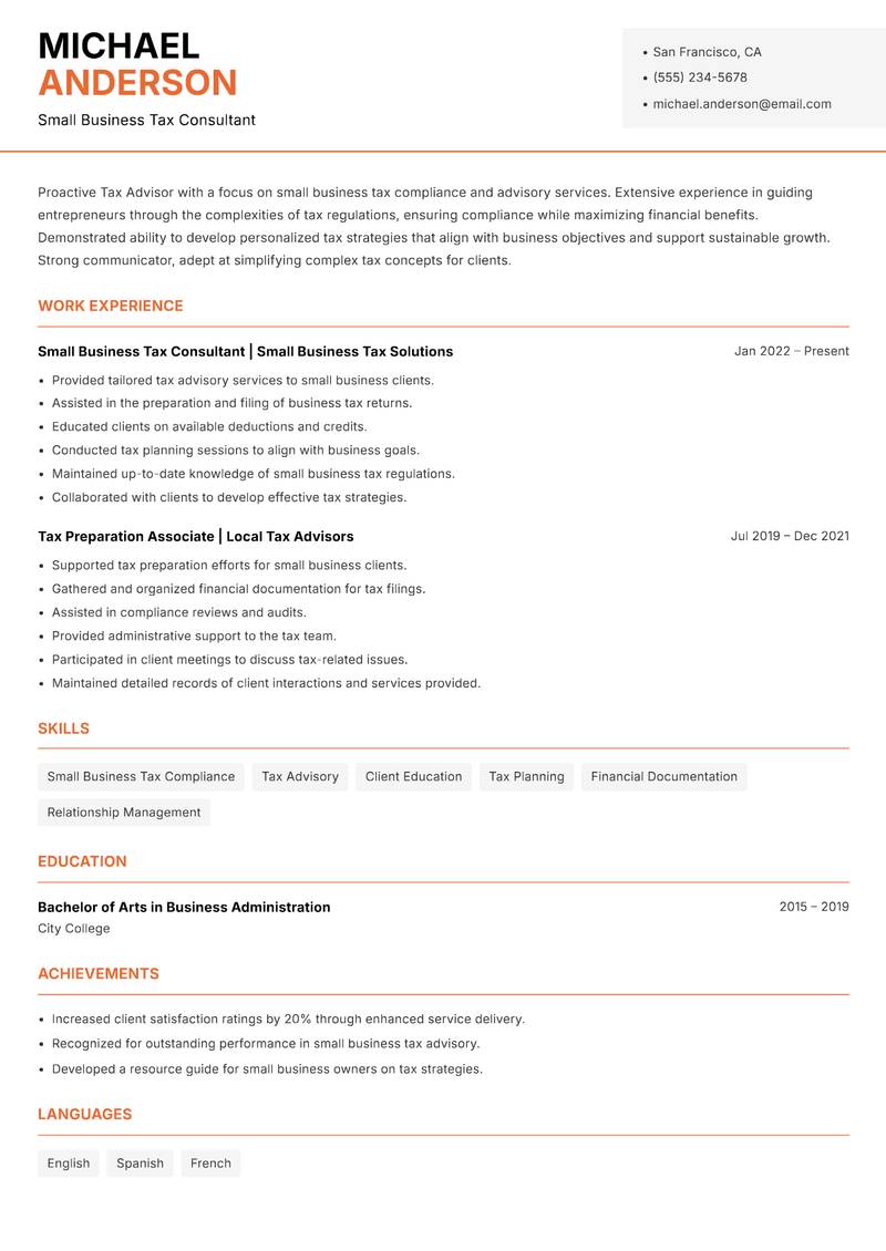 Tax Advisor Resume Template