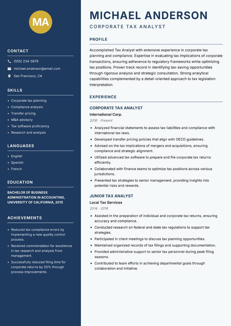 Tax Analyst Resume Preview Example