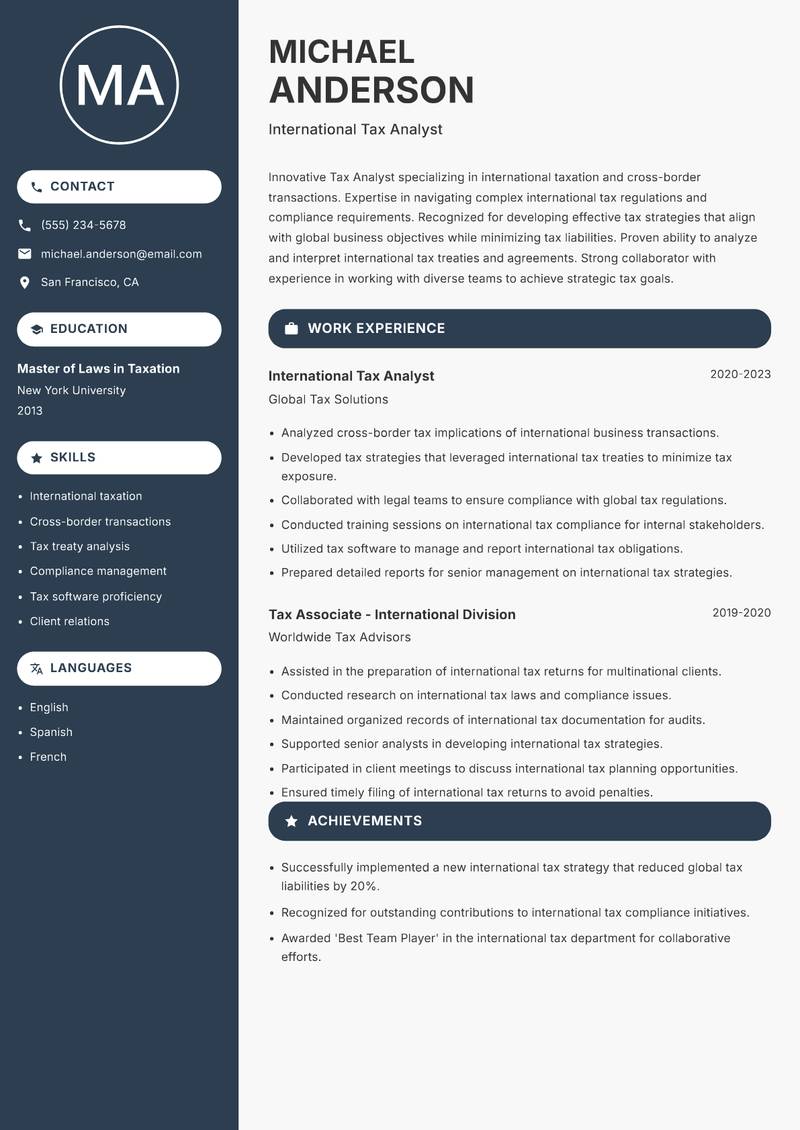 Tax Analyst Resume Preview Example