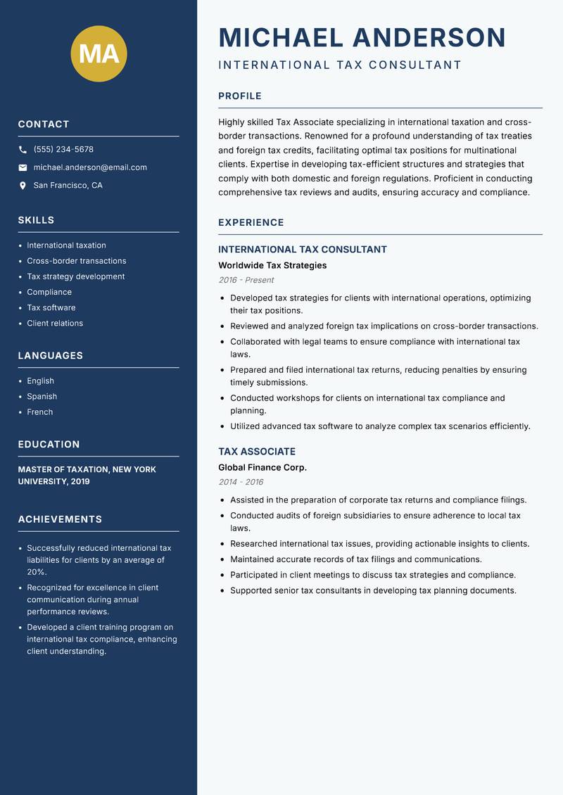 Tax Associate Resume Preview Example