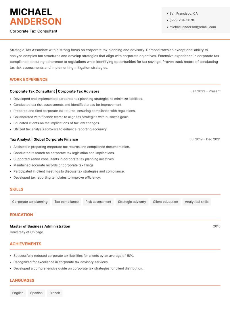 Tax Associate Resume Template
