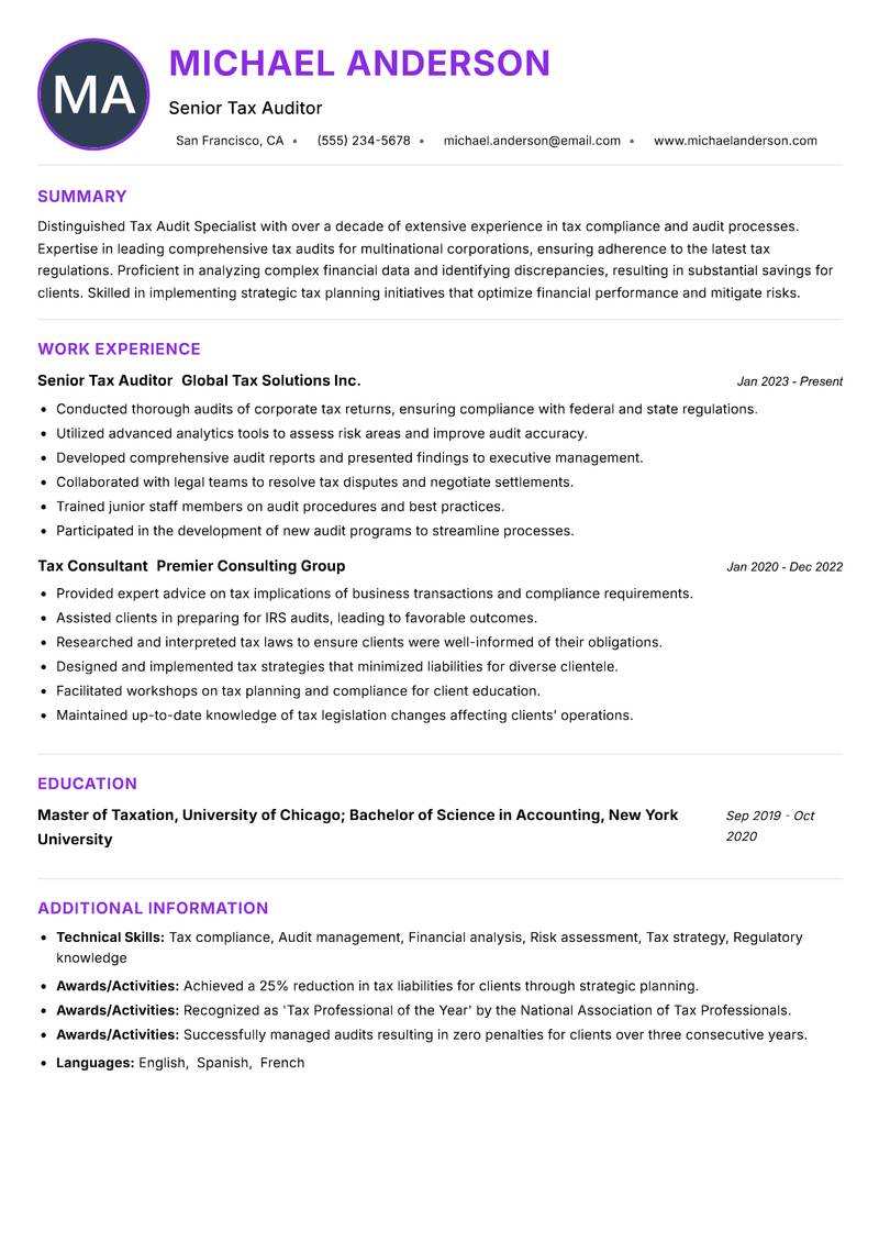 Tax Audit Specialist Resume Preview Example