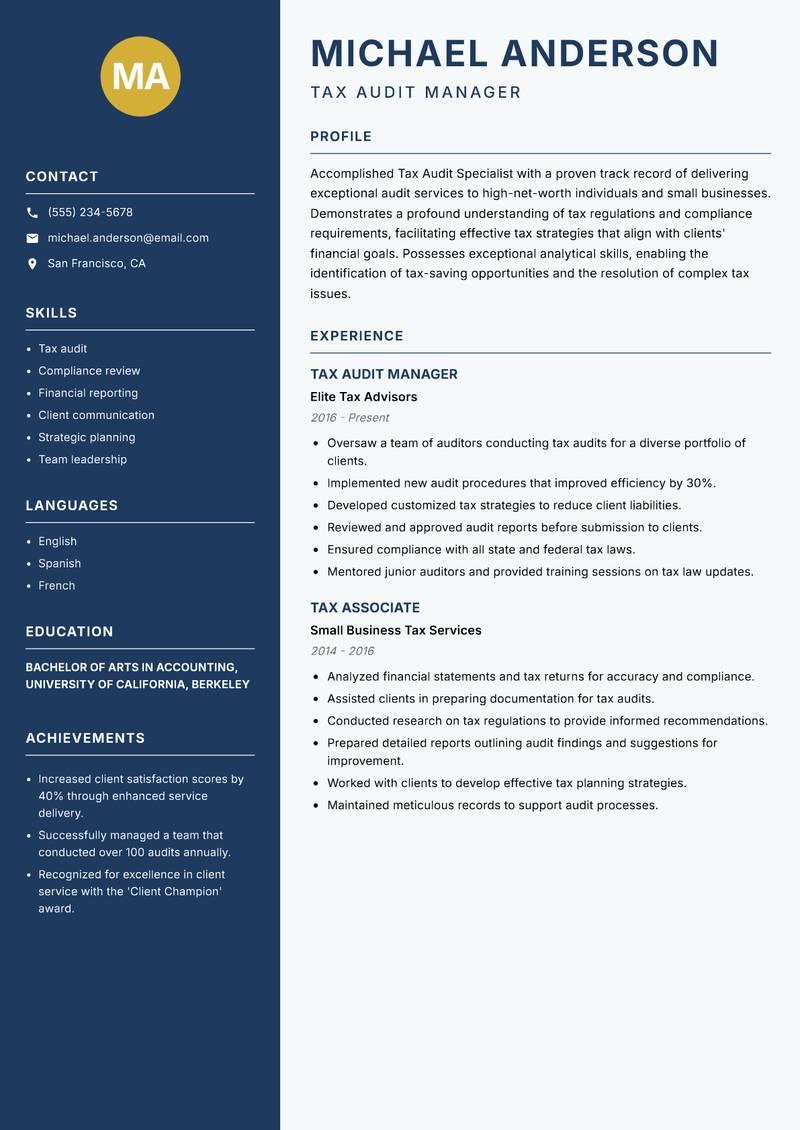 Tax Audit Specialist Resume Preview Example