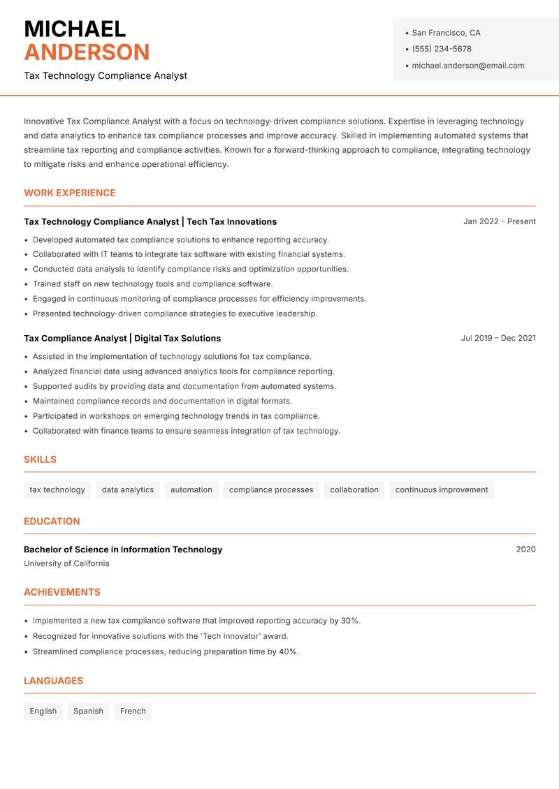 Tax Compliance Analyst Resume Template