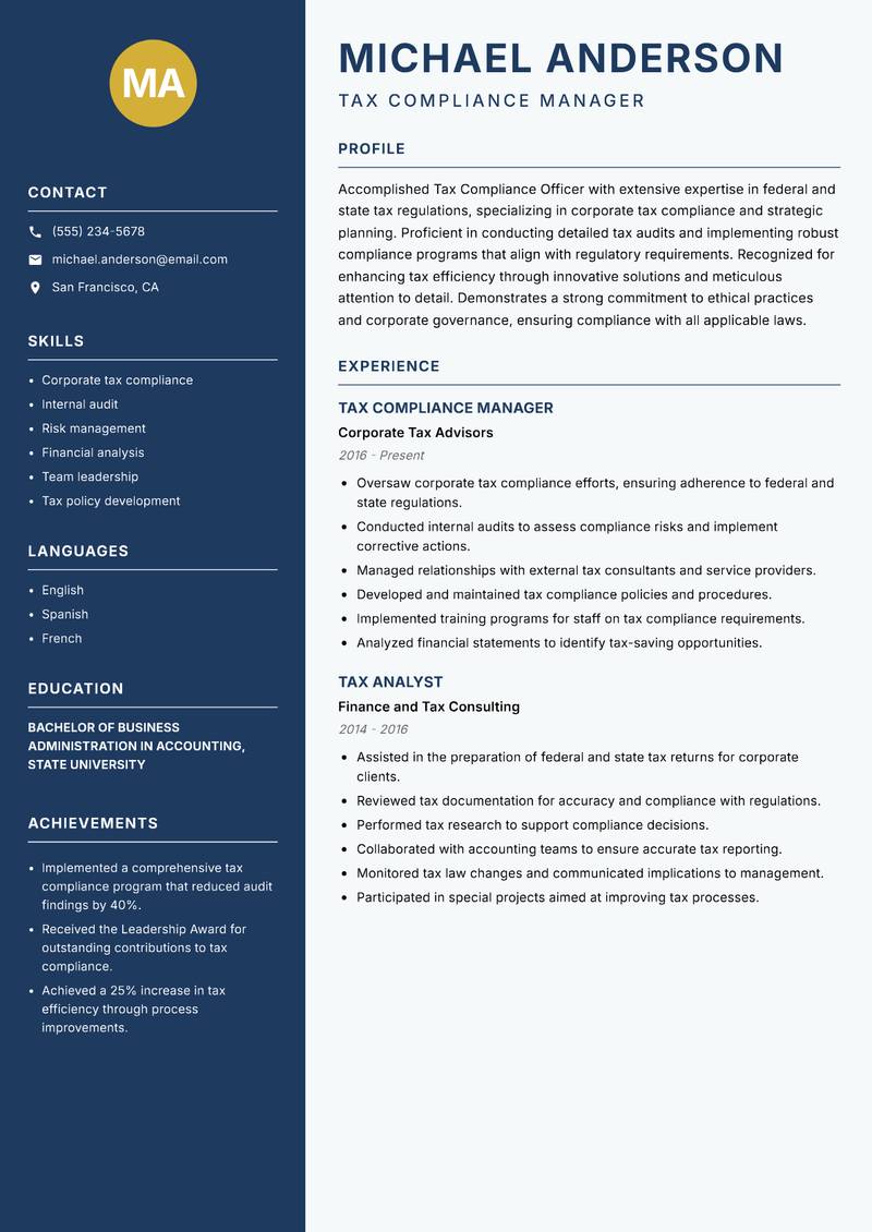 Tax Compliance Officer Resume Preview Example
