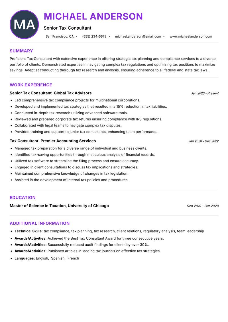 Tax Consultant Resume Preview Example