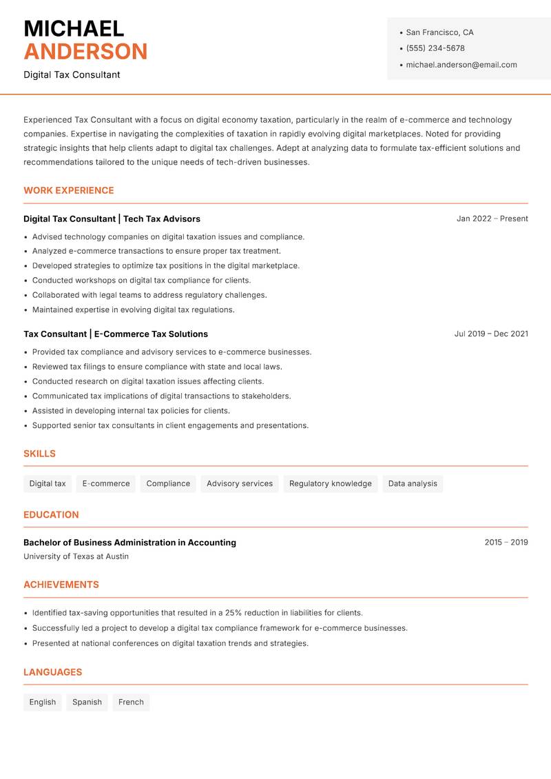 Tax Consultant Strategy Resume Template