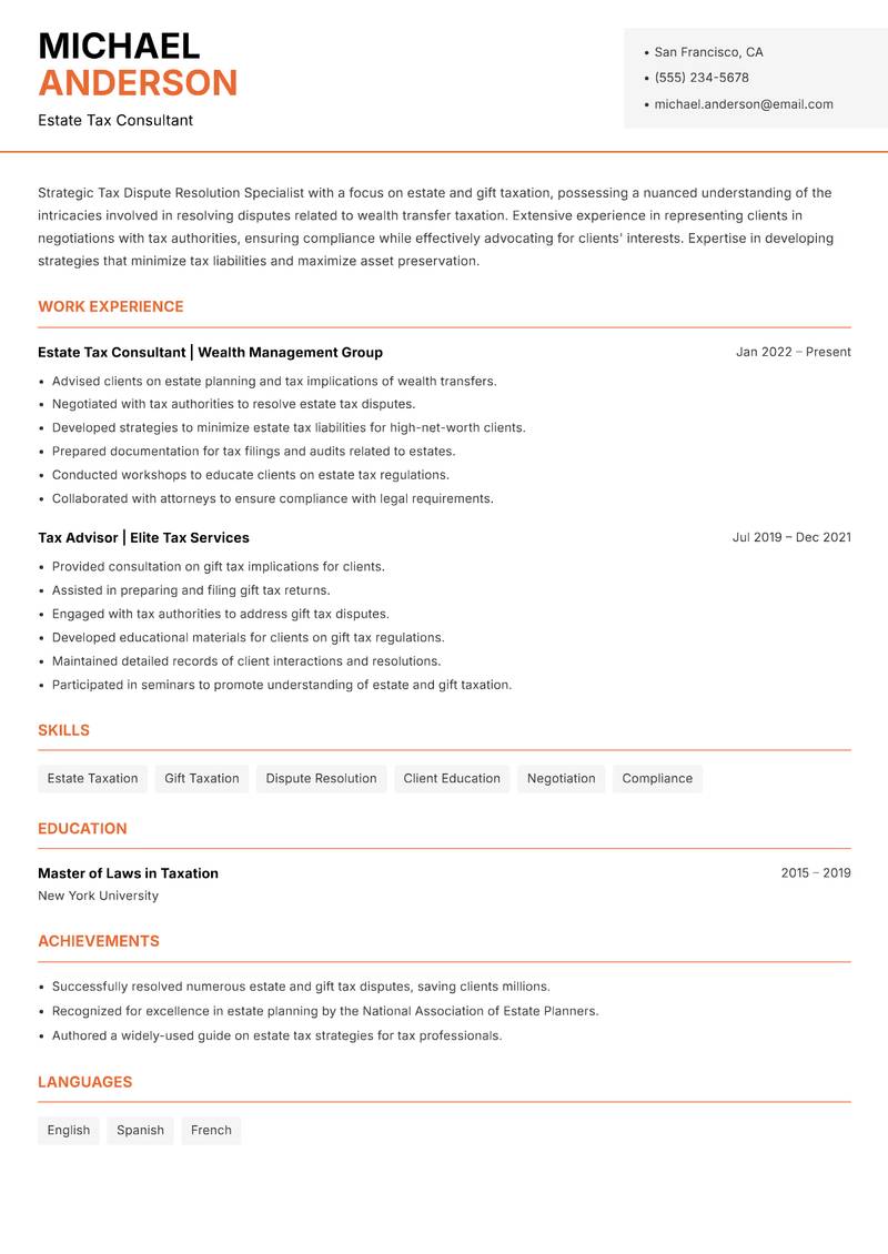 Tax Dispute Resolution Specialist Resume Template