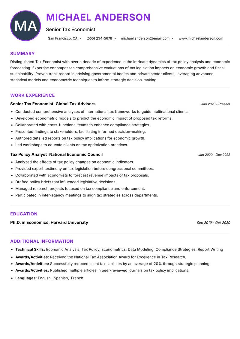 Tax Economist Resume Preview Example