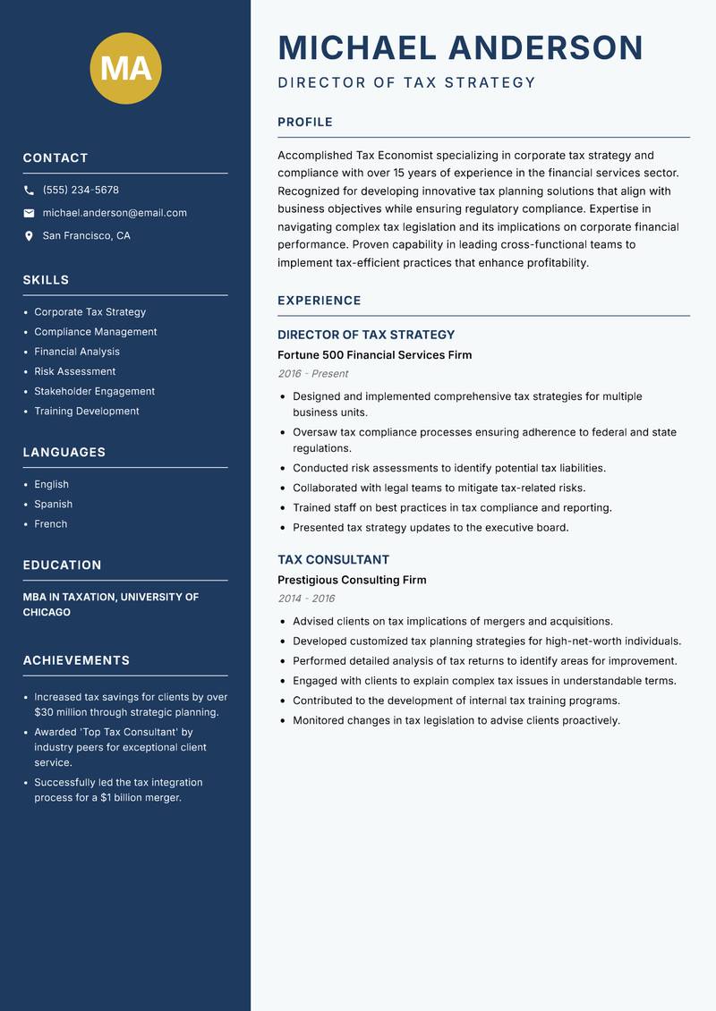 Tax Economist Resume Preview Example