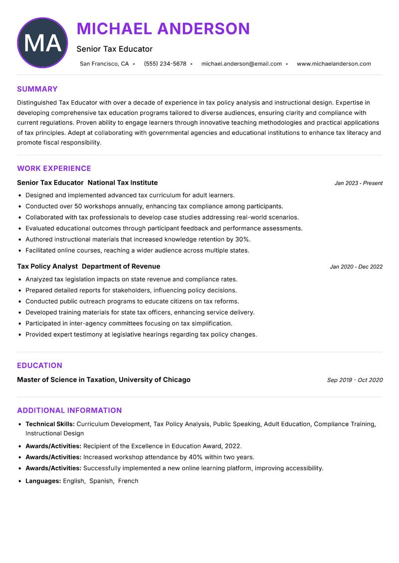 Tax Educator Resume Preview Example