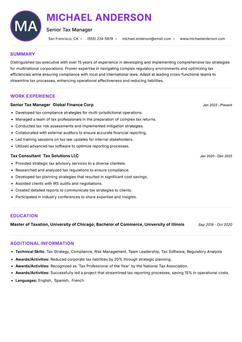Tax Executive Resume Preview Example