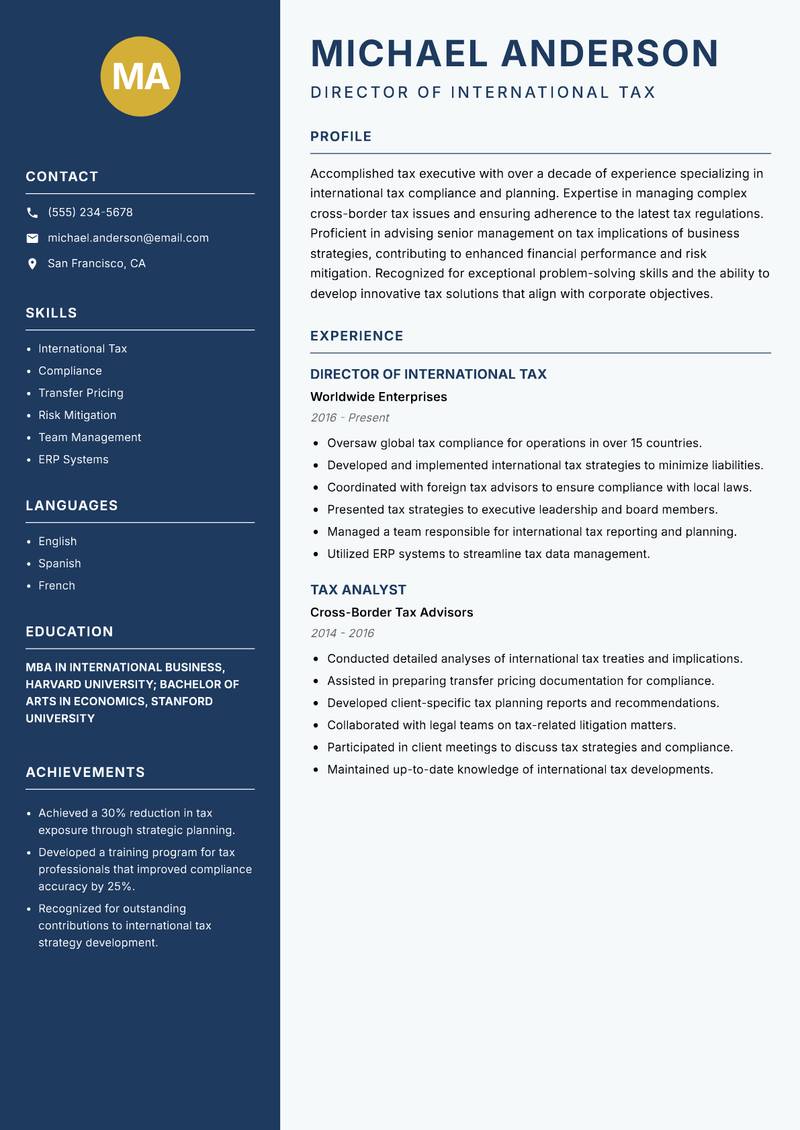 Tax Executive Resume Preview Example