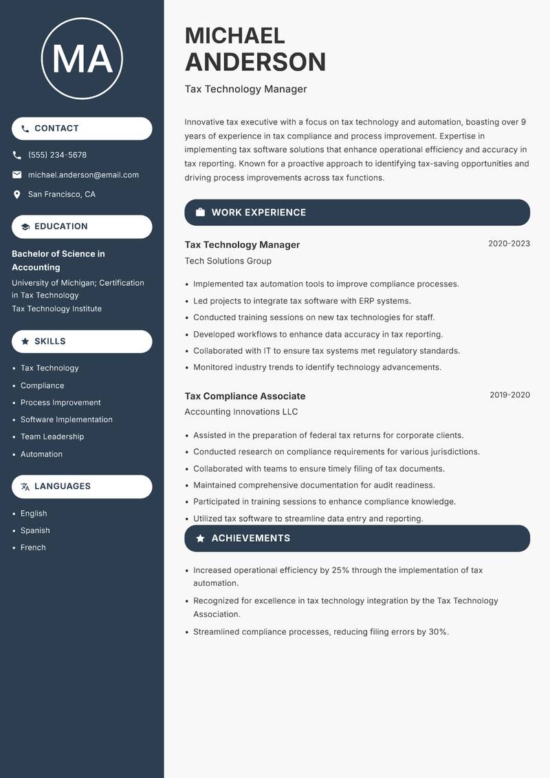 Tax Executive Resume Preview Example