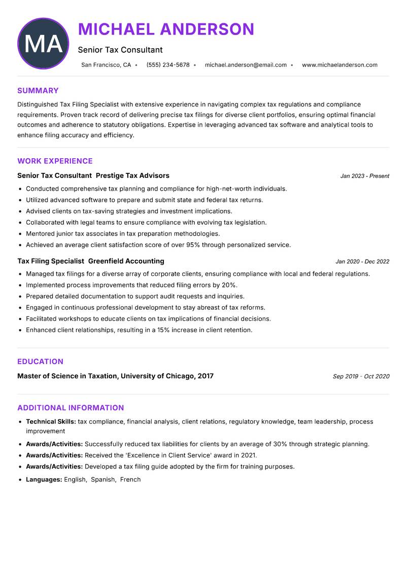Tax Filing Specialist Resume Preview Example