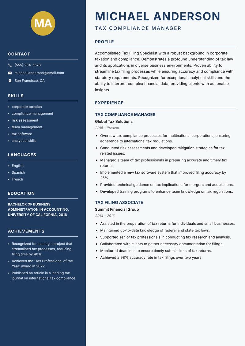 Tax Filing Specialist Resume Preview Example