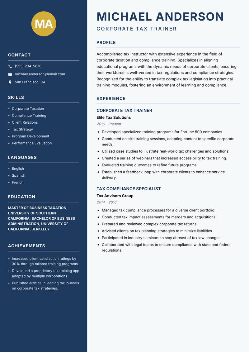 Tax Instructor Resume Preview Example