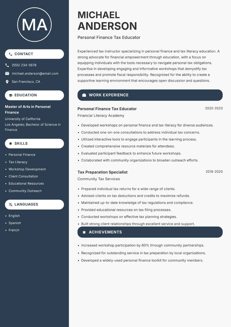 Tax Instructor Resume Preview Example