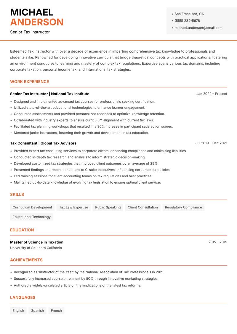 Tax Instructor Resume Template