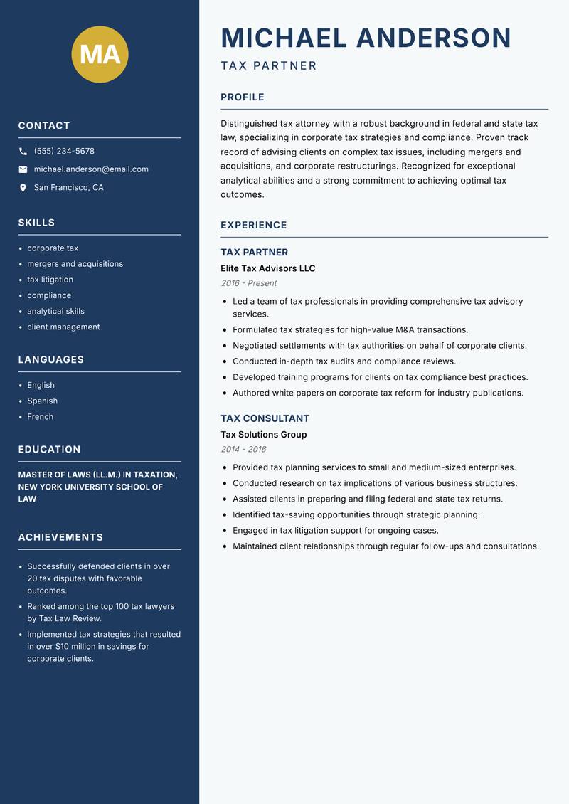 Tax Lawyer Resume Preview Example