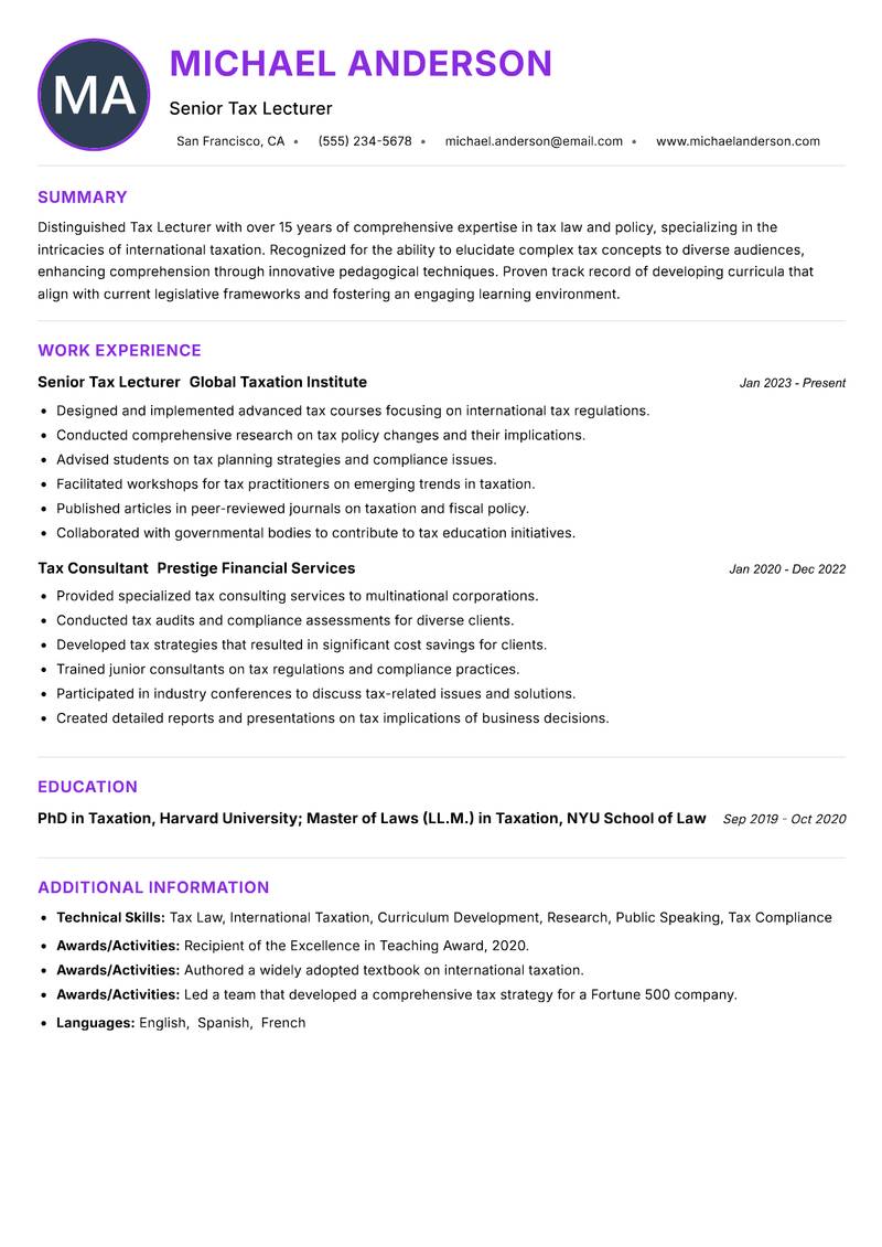 Tax Lecturer Resume Preview Example