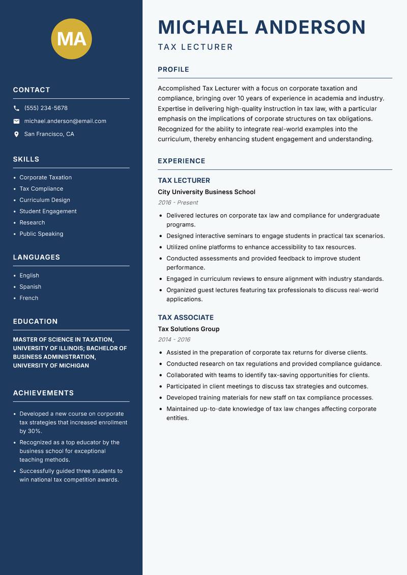 Tax Lecturer Resume Preview Example