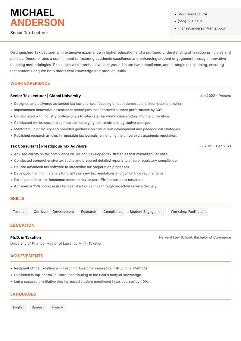 Tax Lecturer Resume Template
