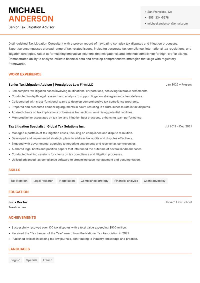 Tax Litigation Consultant Resume Template