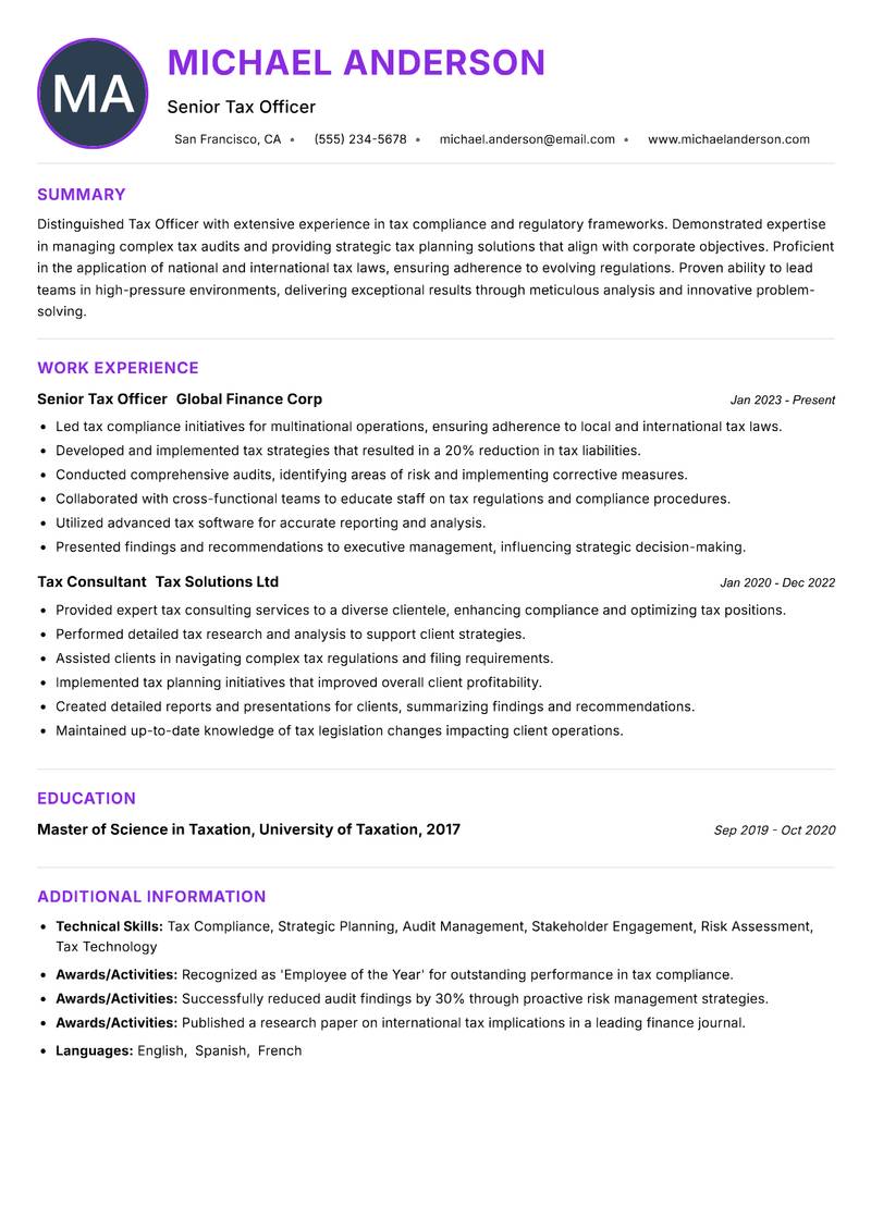 Tax Officer Resume Preview Example