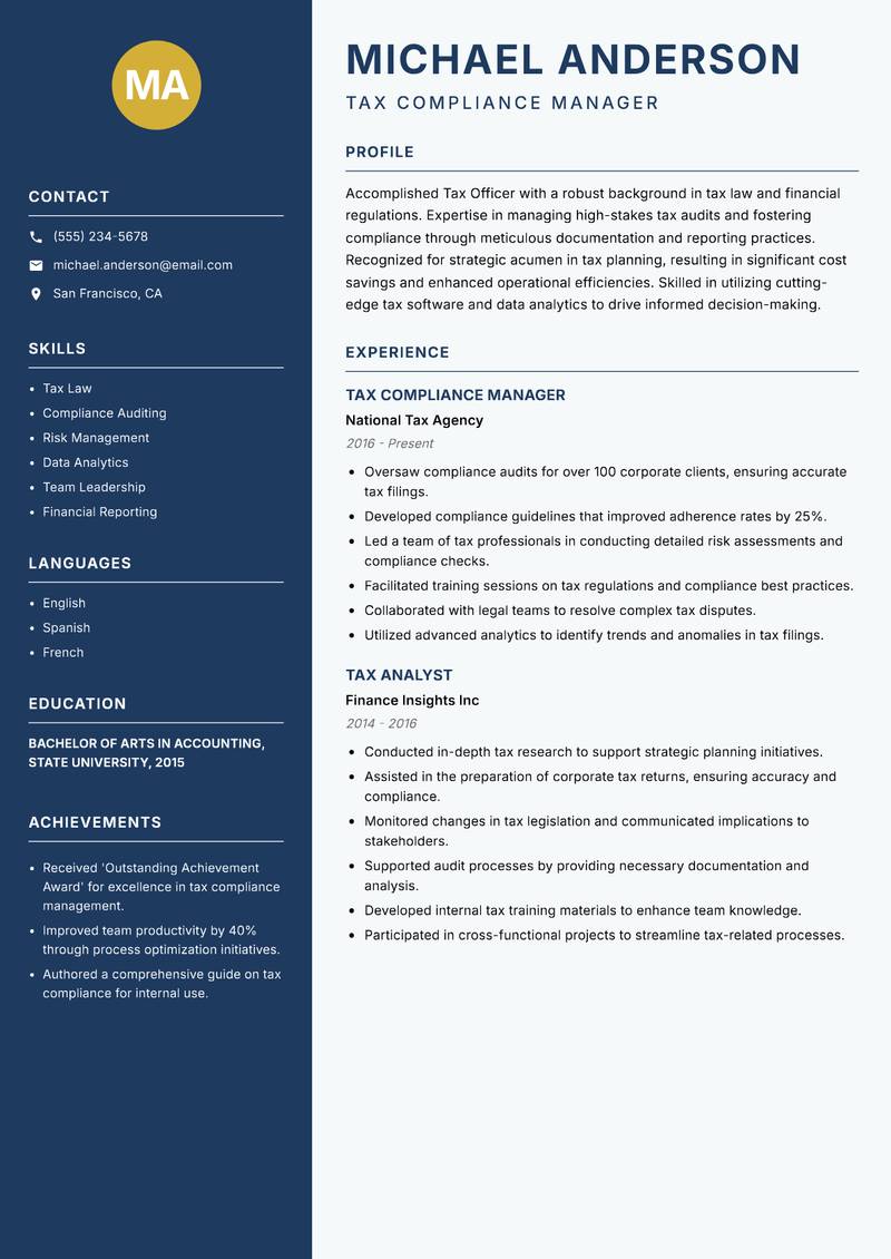 Tax Officer Resume Preview Example