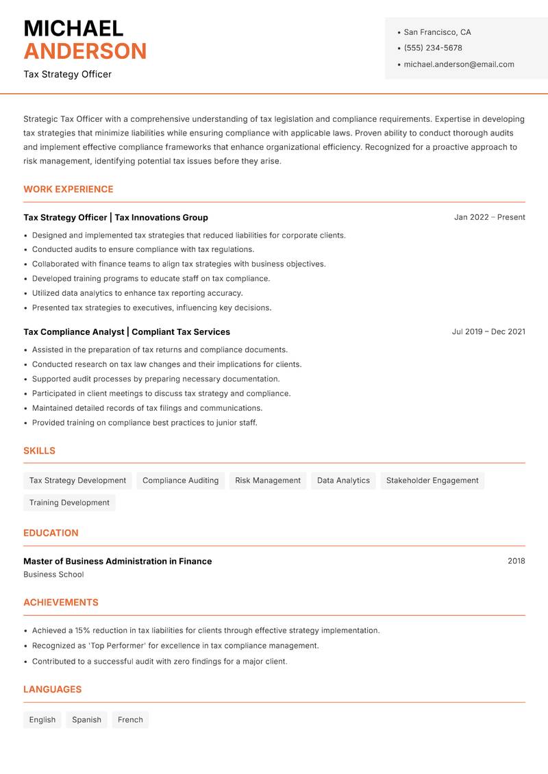 Tax Officer Resume Template