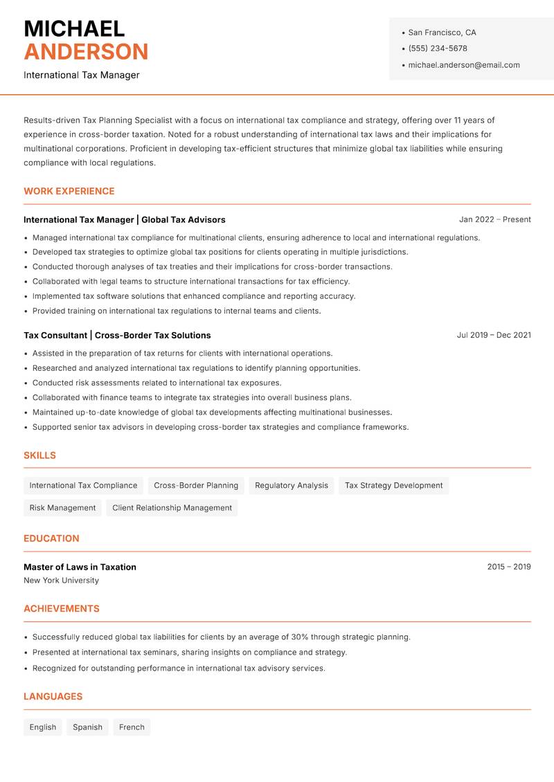 Tax Planning Specialist Resume Template
