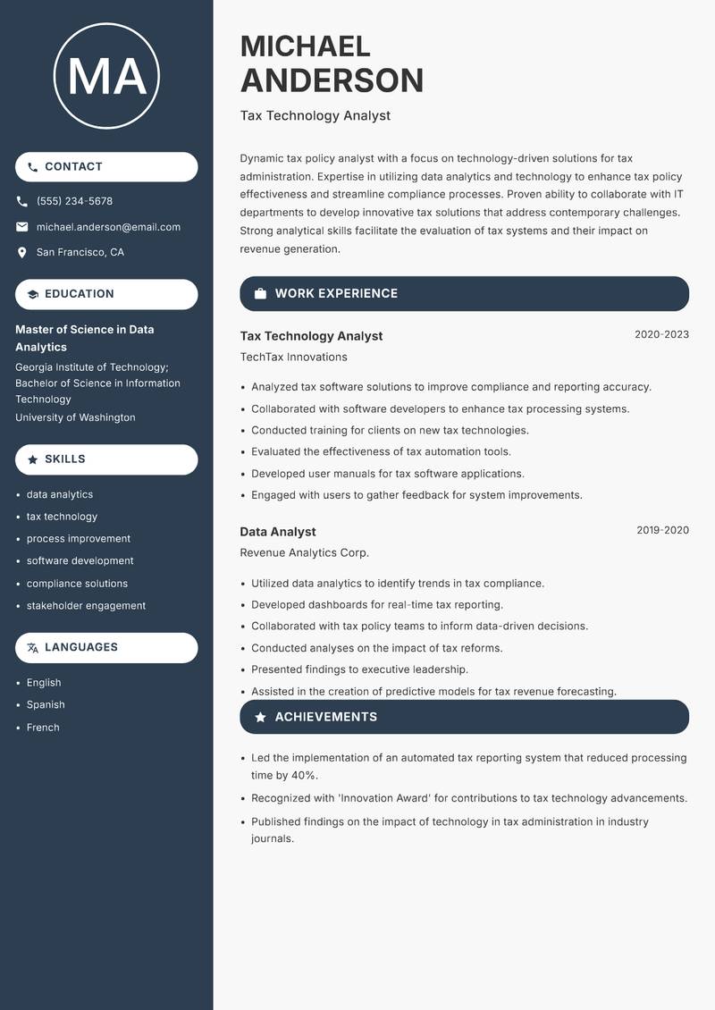 Tax Policy Analyst Resume Preview Example