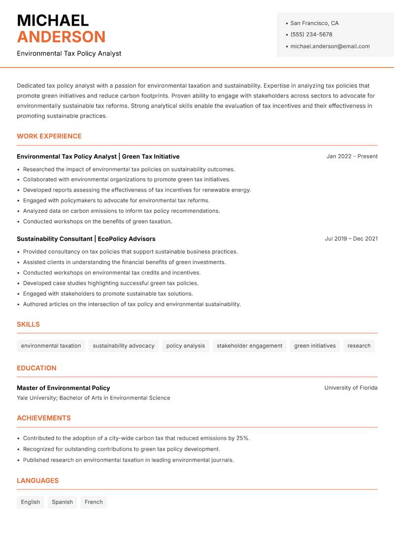 Tax Policy Analyst Resume Template