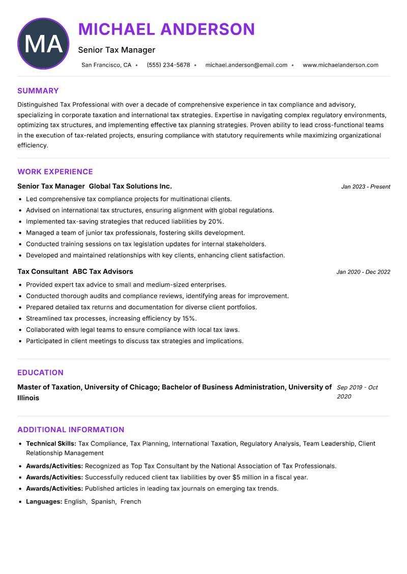 Tax Professional Resume Preview Example
