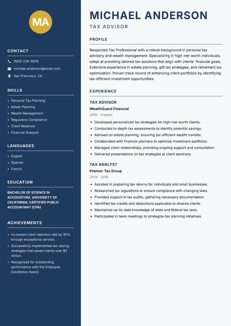 Tax Professional Resume Preview Example