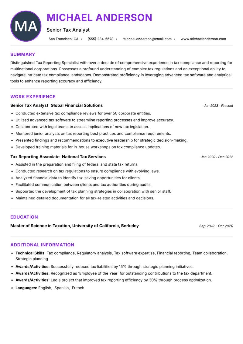 Tax Reporting Specialist Resume Preview Example