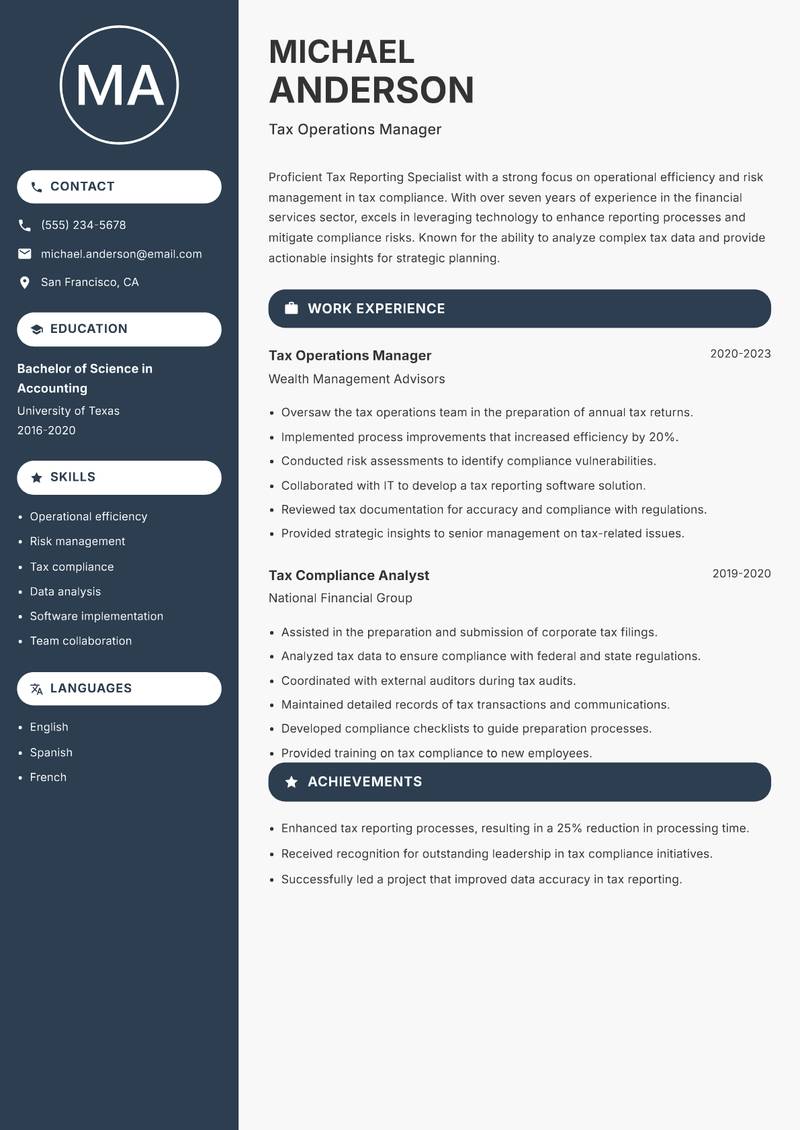 Tax Reporting Specialist Resume Preview Example