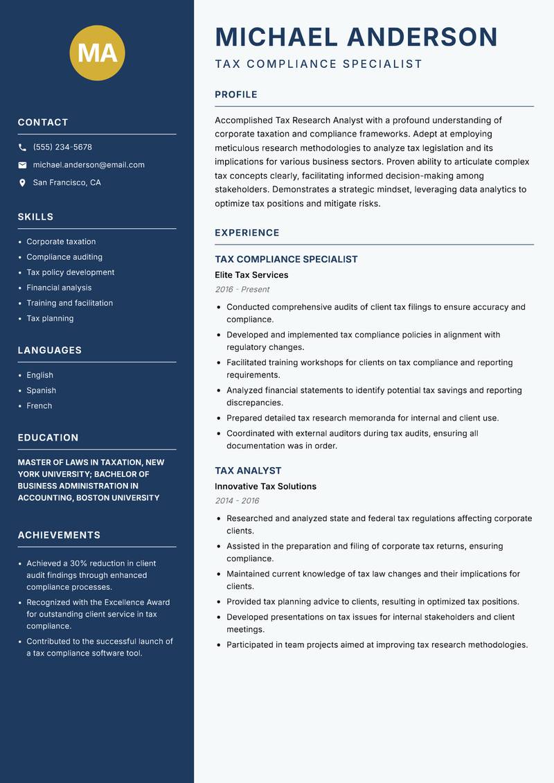 Tax Research Analyst Resume Preview Example