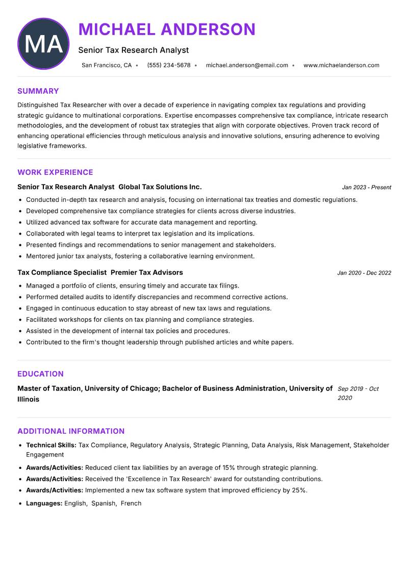Tax Researcher Resume Preview Example