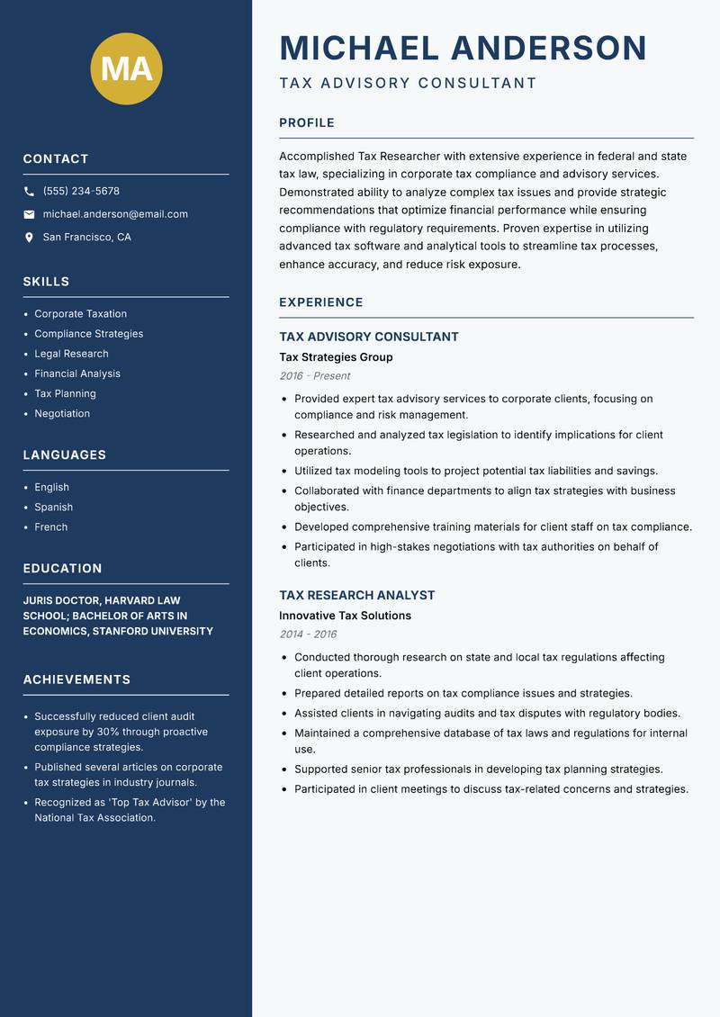 Tax Researcher Resume Preview Example