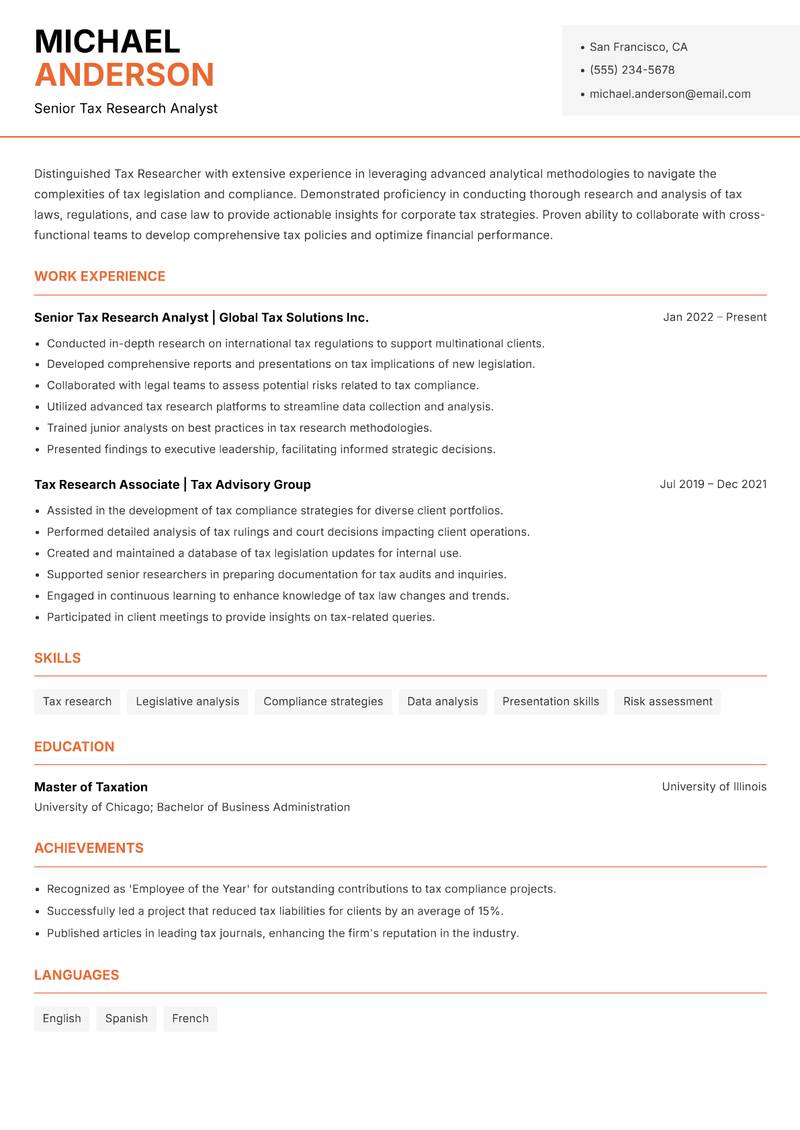 Tax Researcher Resume Template