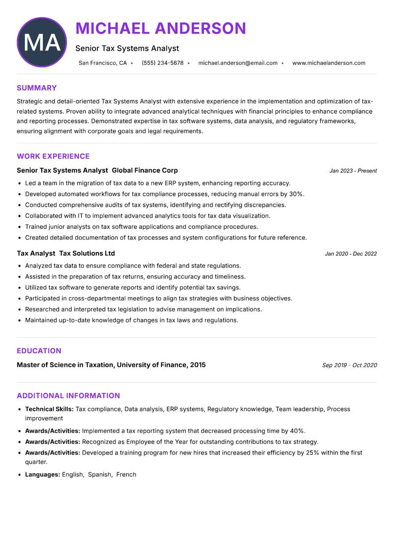 Tax Systems Analyst Resume Preview Example