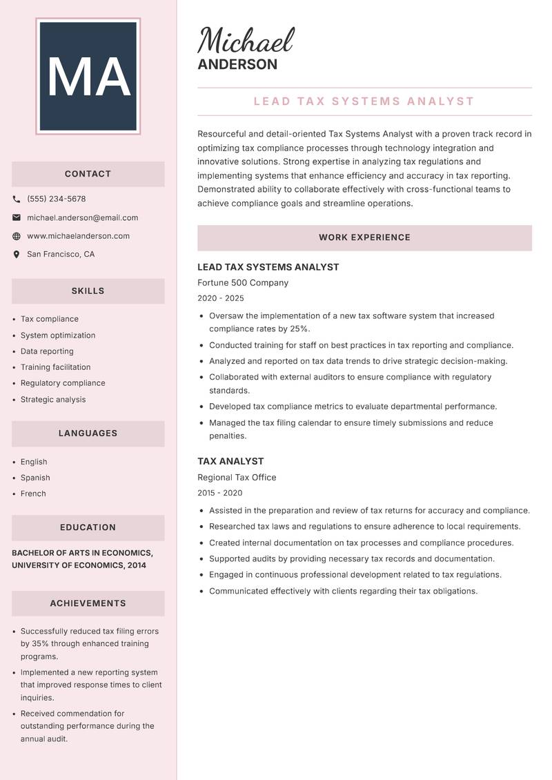 Tax Systems Analyst Resume Preview Example