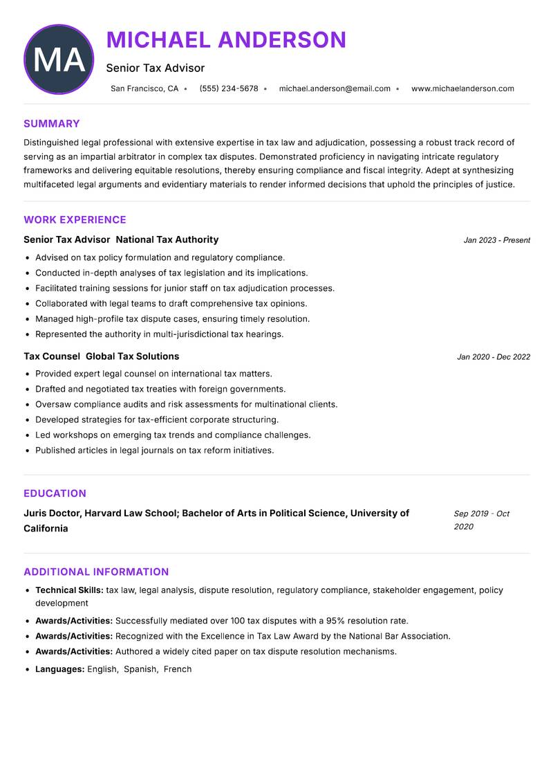 Tax Tribunal Member Resume Preview Example