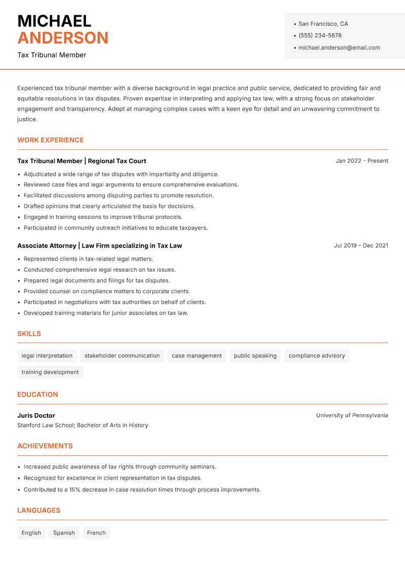 Tax Tribunal Member Resume Template