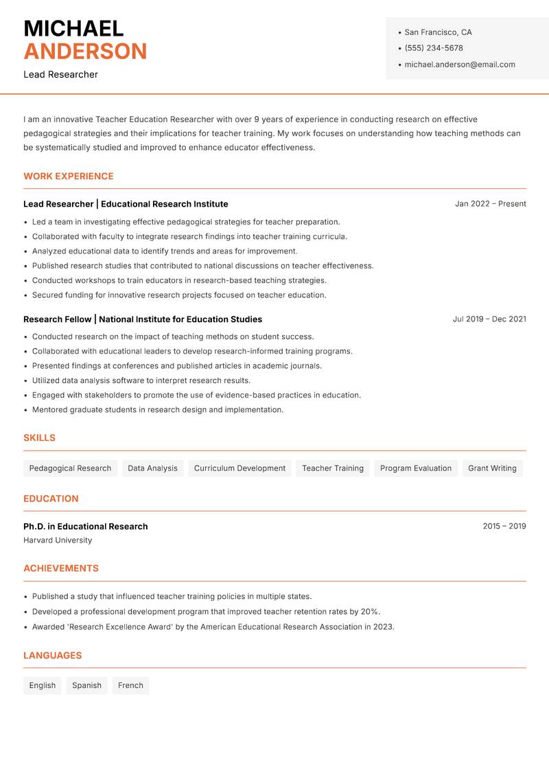 Teacher Education Researcher Resume Template