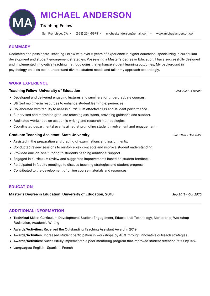 Teaching Fellow Resume Preview Example