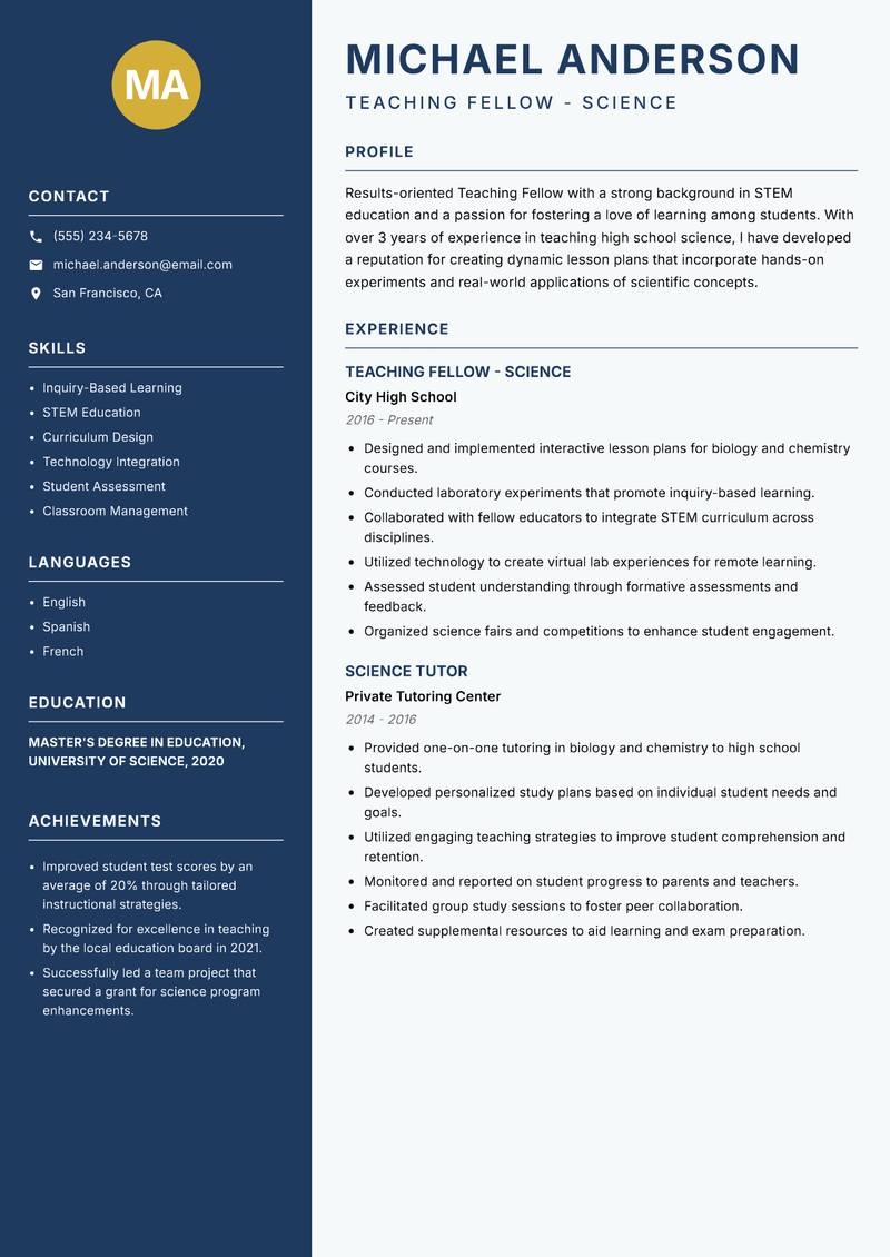 Teaching Fellow Resume Preview Example